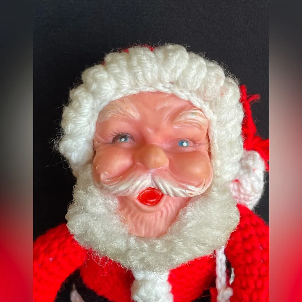 Vintage Crochet Santa Doll Pladtic Face Hands Boots 11” Jingle Bells Toy Sack